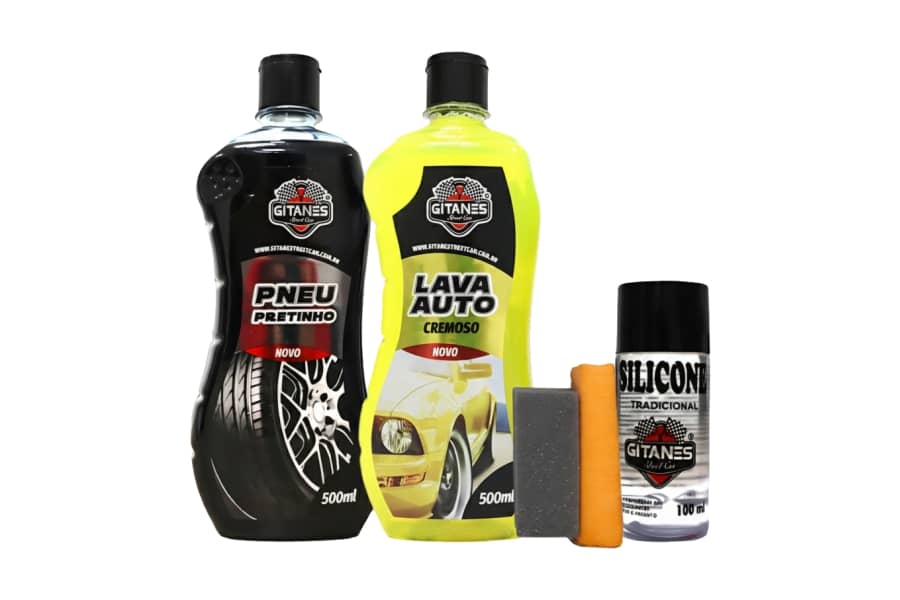 Kit de Limpeza Automotiva Gitanes (Shampoo + Limpa Pneu + Silicone + Flanela + Esponja)